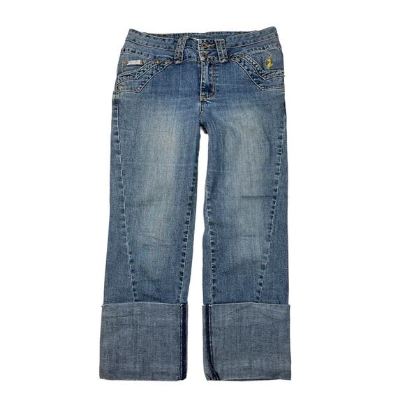Baby Phat High Waisted Cuffed Cropped Jeans Gold Printed Pockets Y2K Womens 14 - Picture 1 of 7